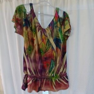 B.L.E.U. Multicolor Feather Print Drop Waist Cold Shoulder Blouse XL